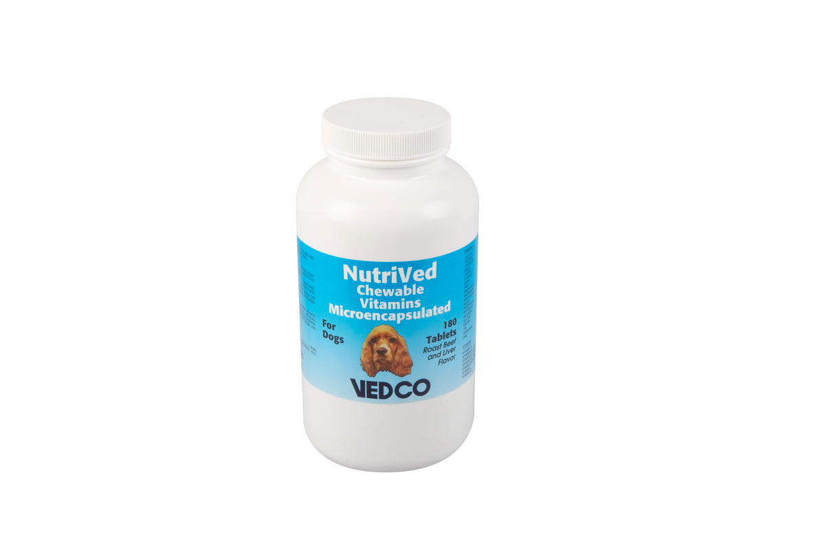 Vedco Nutrived: botella de vitaminas masticables para perros, apoyo a energía diaria.