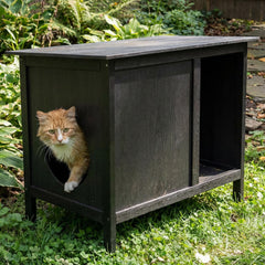 Veehoo casa-gato exterior, vista frontal, refugio impermeable para felinos ferales.