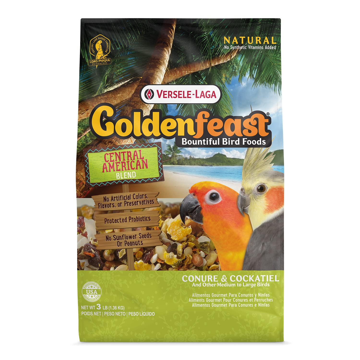 Versele-Laga Goldenfeast Central American Blend, bolsa 3 lb, fomenta el forrajeo en aves.