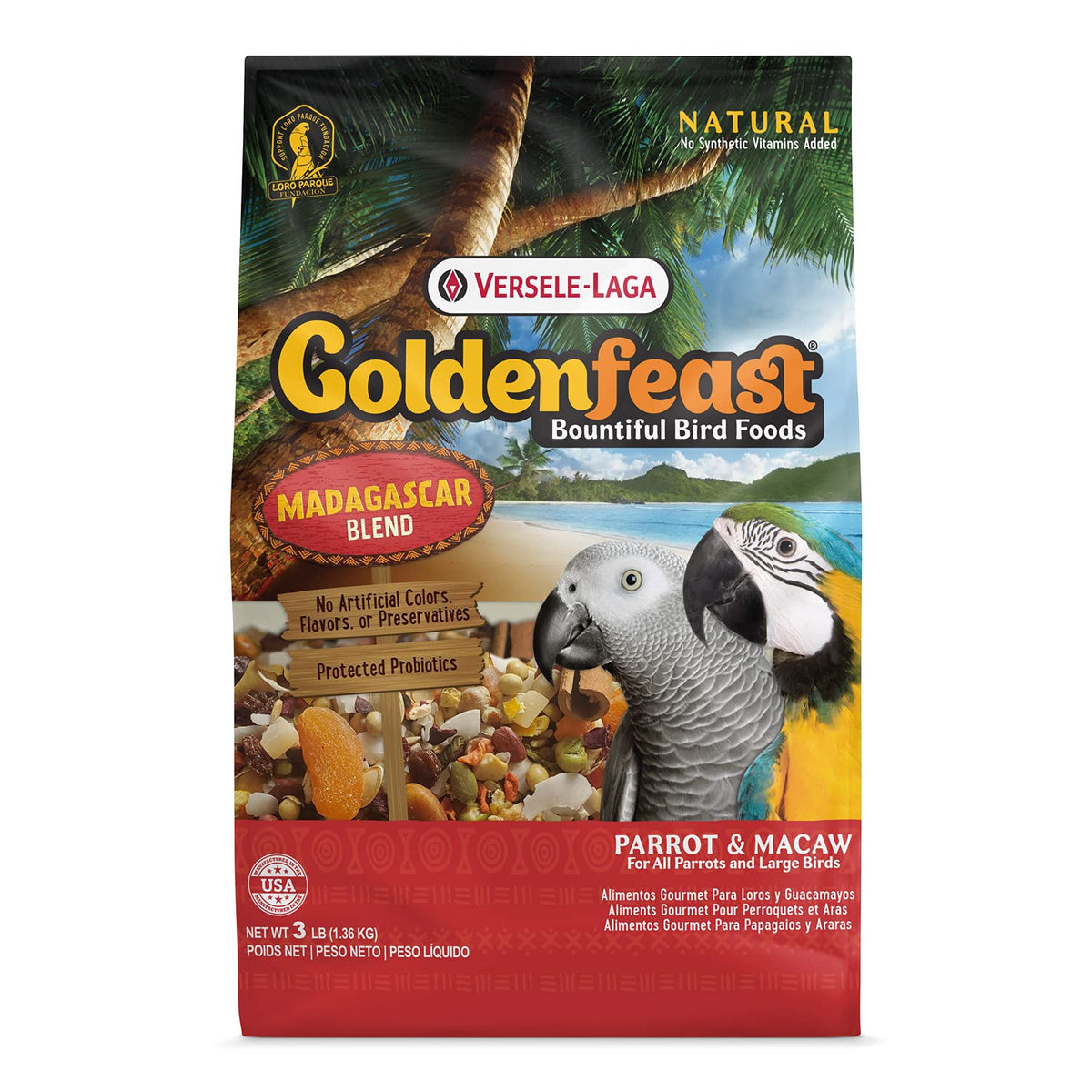 Versele-Laga Goldenfeast Madagascar Blend, bolsa de tres libras, ideal para aves sanas y activas.