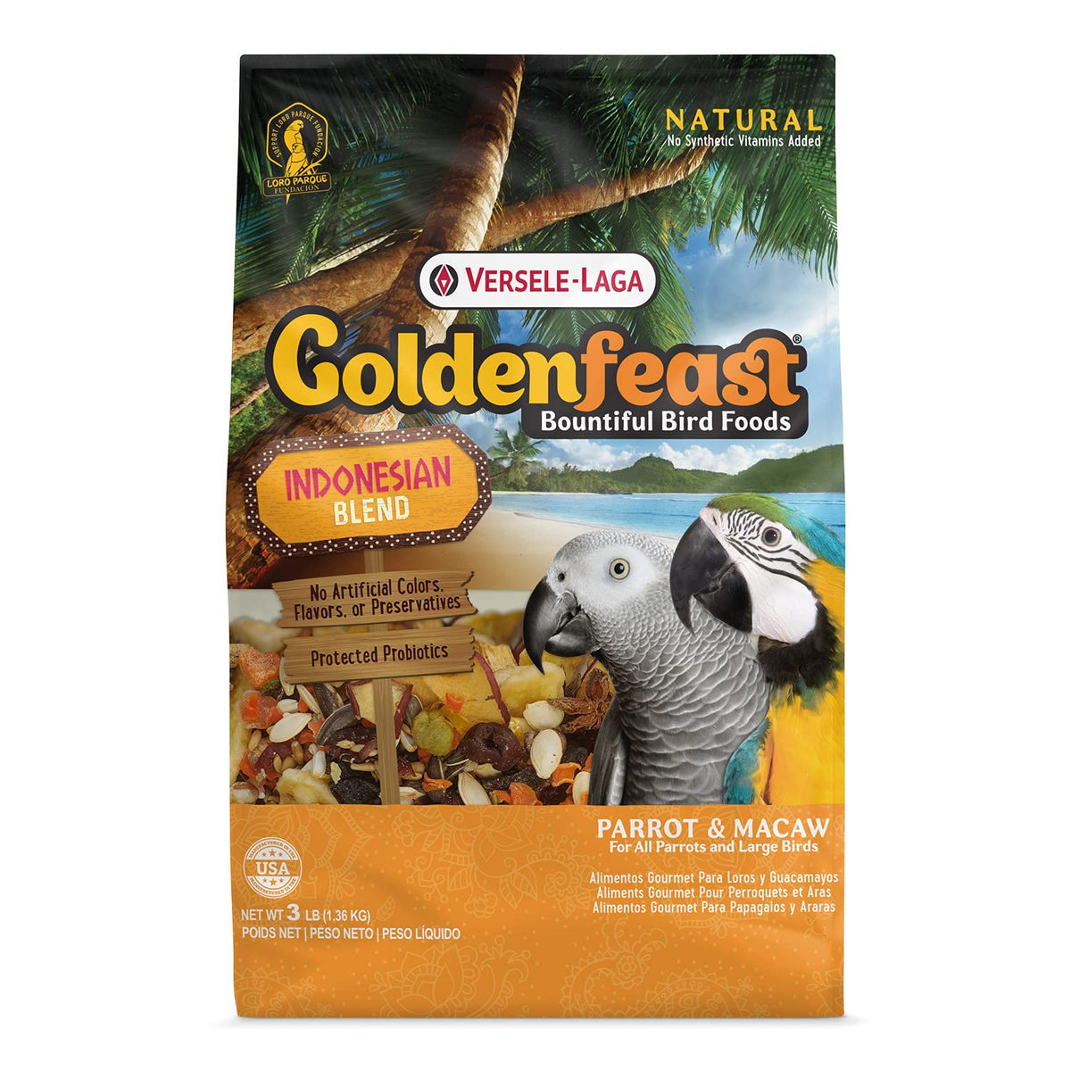 Versele-Laga VL Goldenfeast mezcla Indonesia, bolsa 1,36 kg, vista frontal, mezcla nutritiva para aves.
