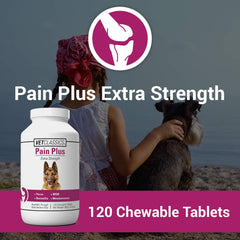 Botella de Vet Classics Pain Plus con tabletas masticables para perros, fácil administración.