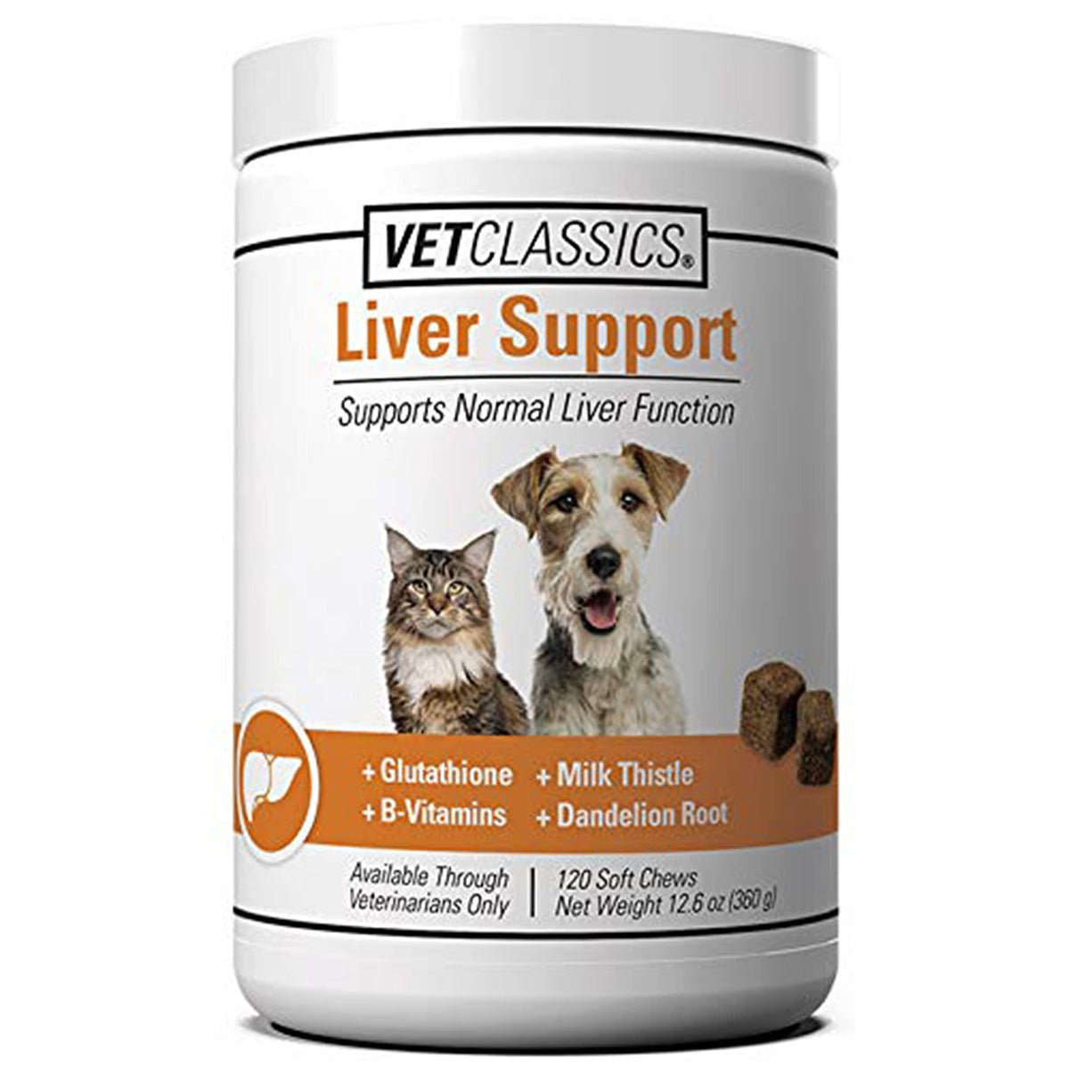 Vet Classics Liver Support para perros, botella, facilita la administración diaria del suplemento.