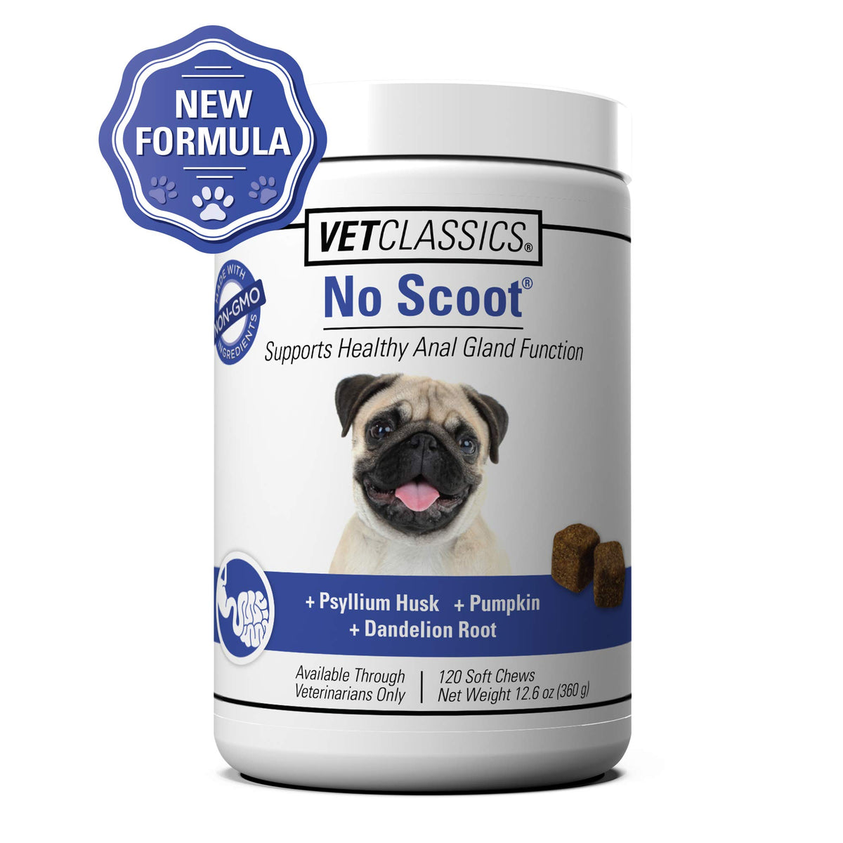 Vet Classics No Scoot, frasco de masticables suaves para apoyo anal e intestinal.