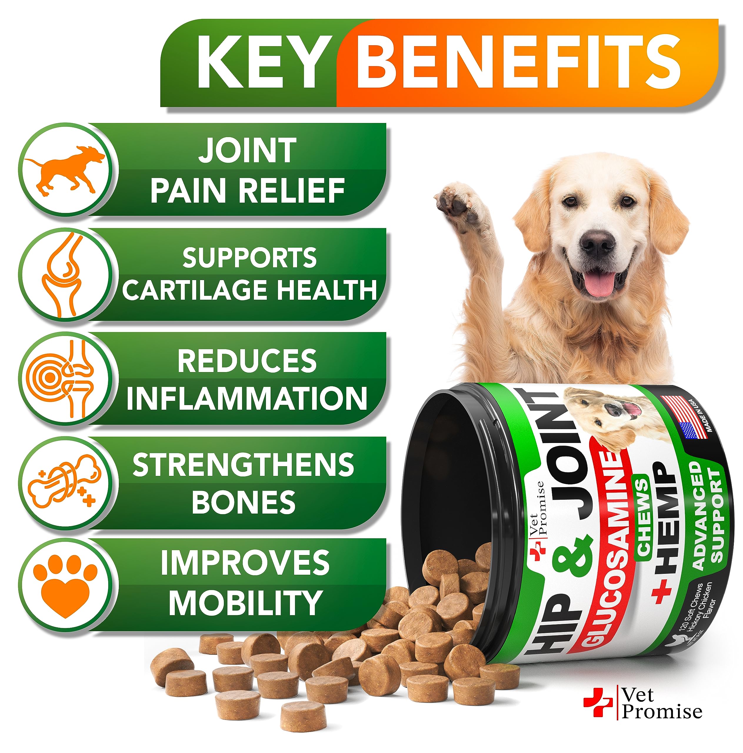 Vet Promise envase gomitas para perros, consumo diario cómodo.