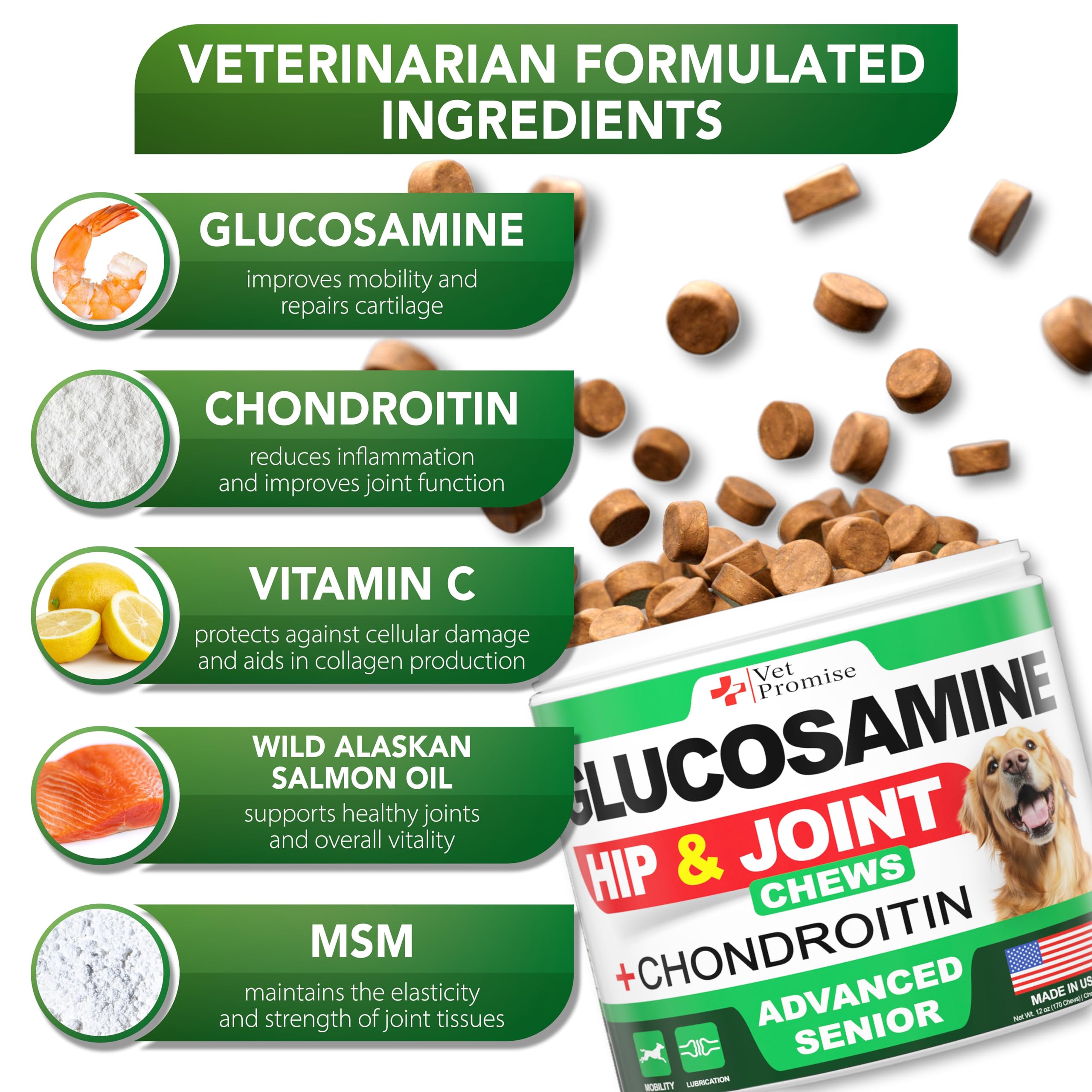 Vet Promise Glucosamina Avanzada para Perro, ingredientes naturales que favorecen la salud articular