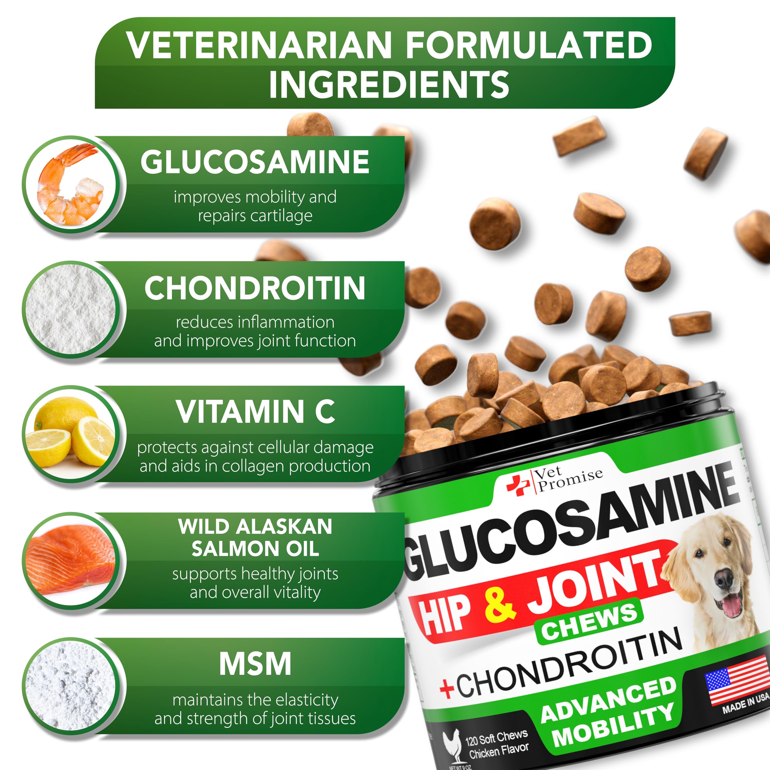 Vet Promise Glucosamina para perros, frasco práctico para uso continuo.
