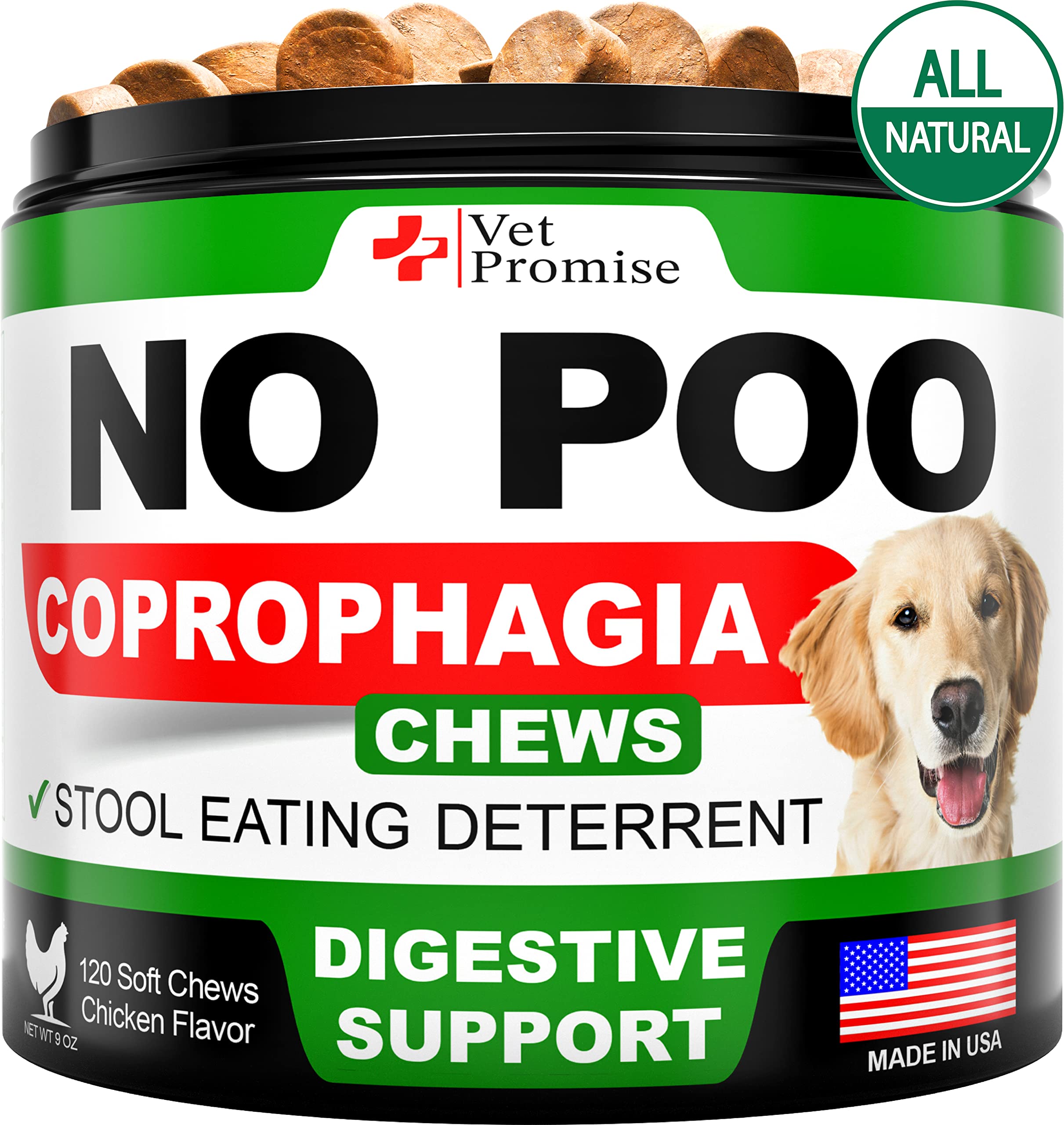 Vet Promise No Poo Chews, empaque visible, soporte digestivo suave para perros.