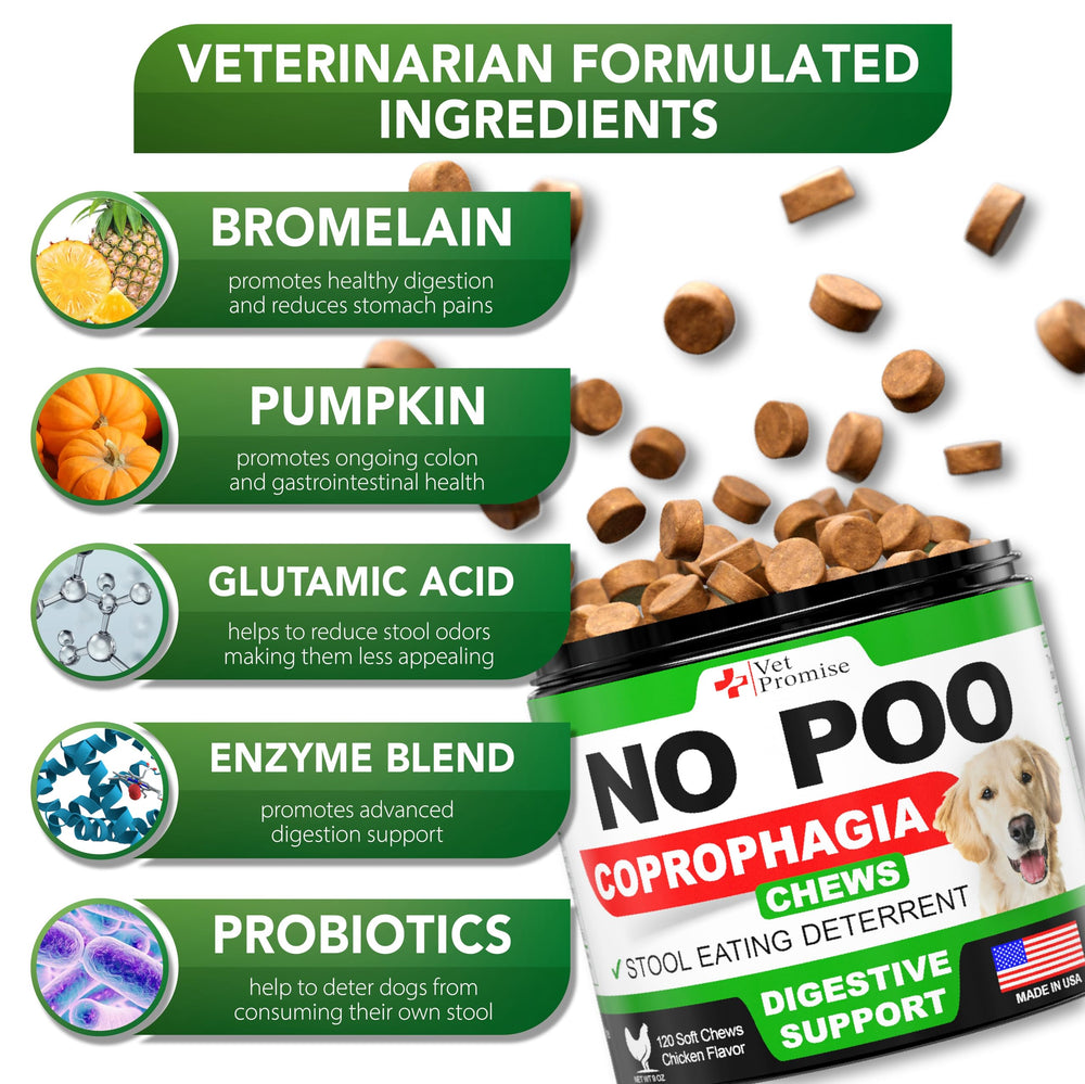 Vet Promise No Poo Chews, etiqueta con probióticos y enzimas para digestión diaria.