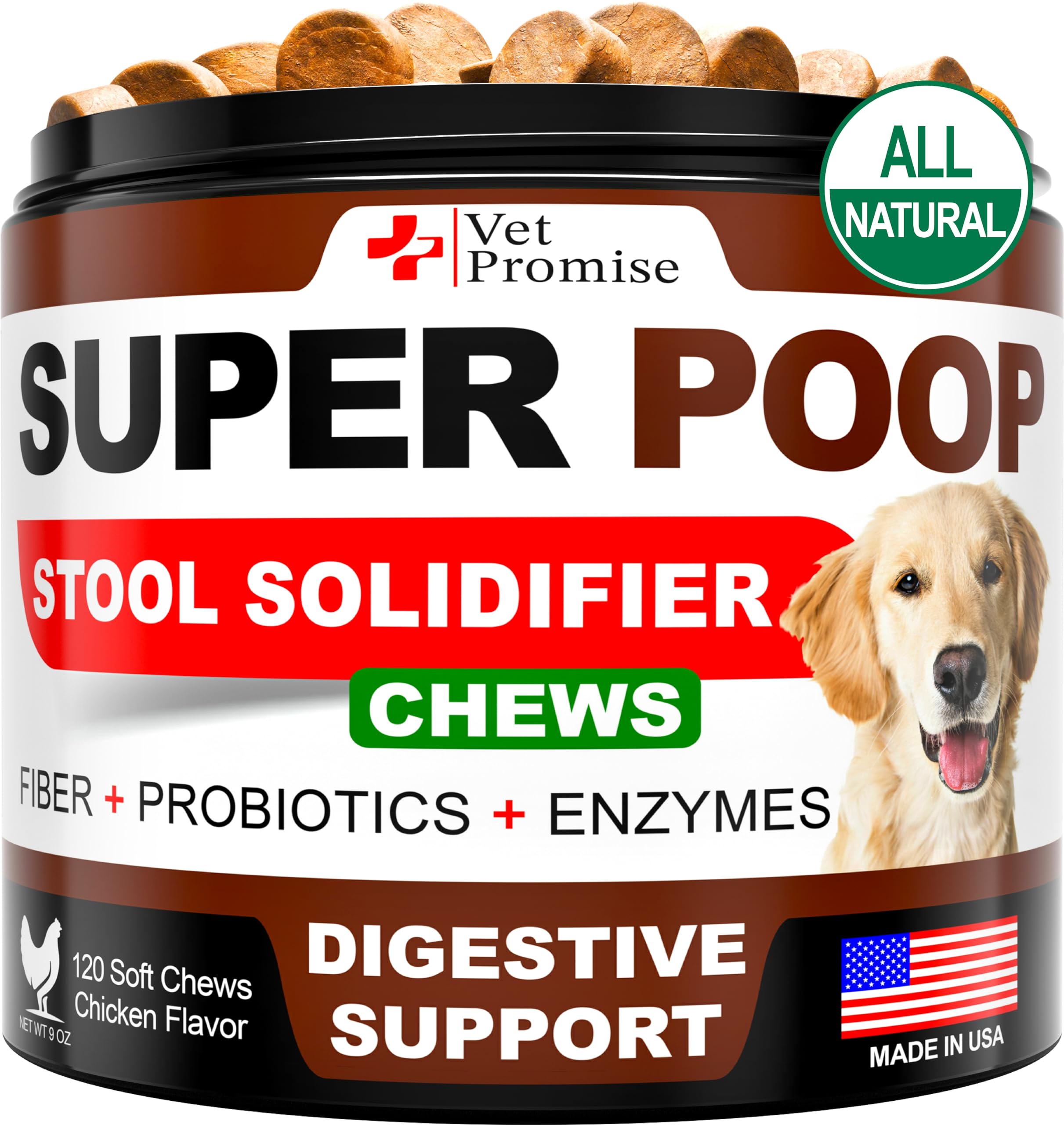Botella Vet Promise Super Poop Probióticos lista para apoyar digestión equilibrada en perros.