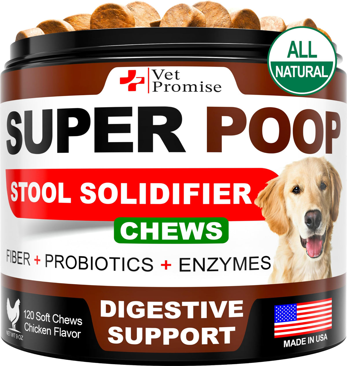 Botella Vet Promise Super Poop Probióticos lista para apoyar digestión equilibrada en perros.