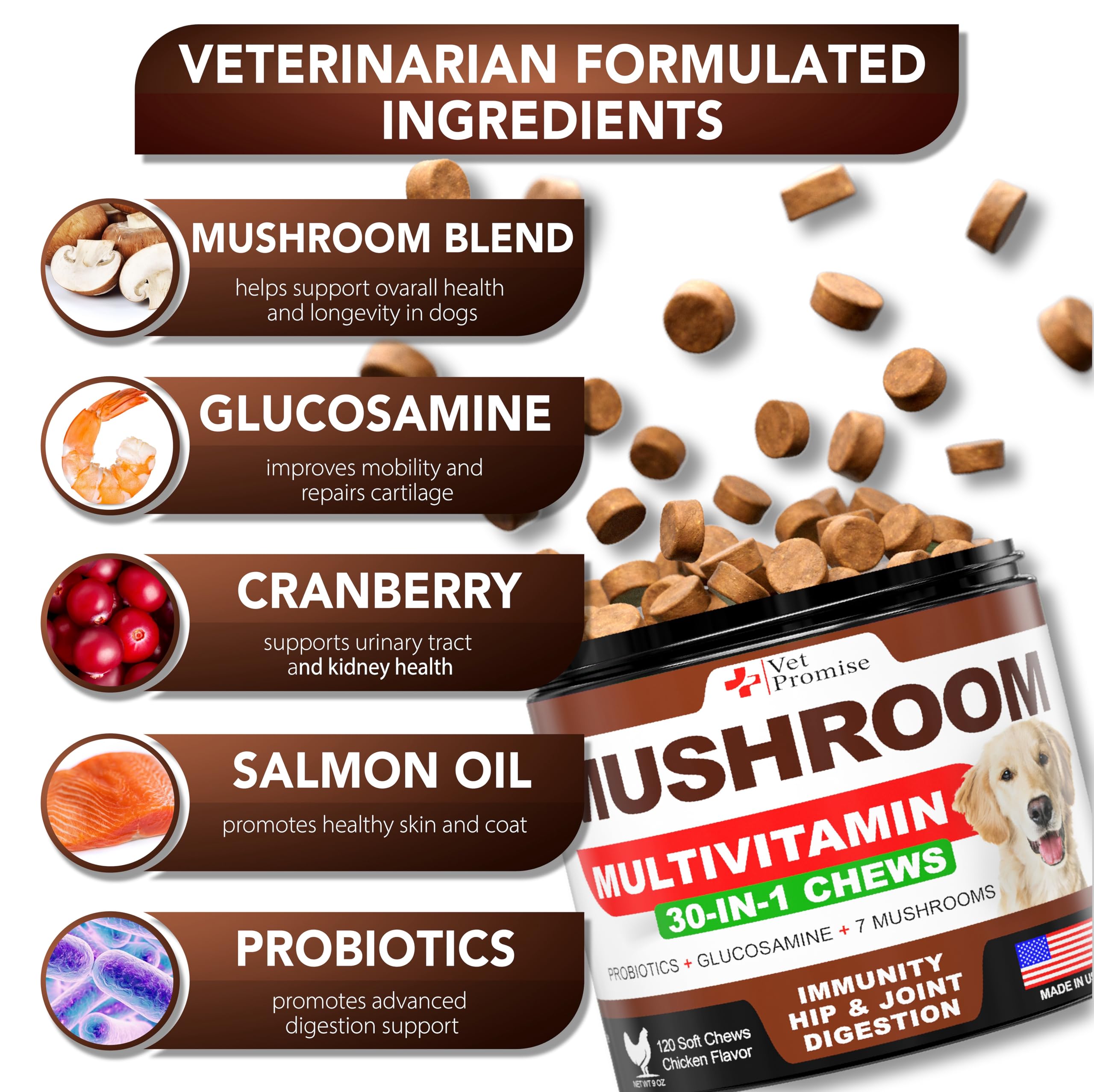 Vet Promise suplemento de hongo con probióticos para perro, cuidado digestivo suave.