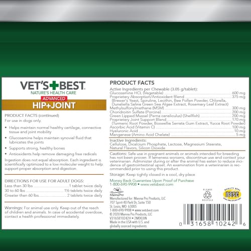 Tabletas Vet's Best en primer plano, apoyo a la movilidad
