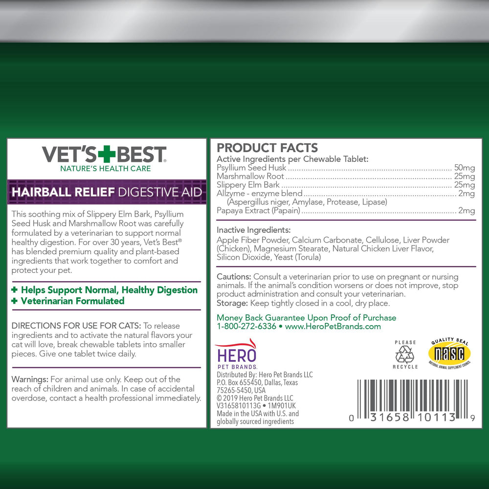 Vet's Best Cat Hairball Relief: tabletas masticables de pollo para digestión suave.