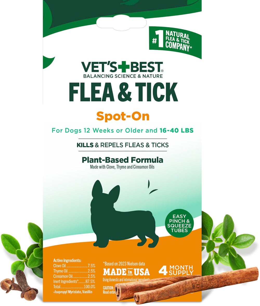 Vet's Best gotas botánicas para perros medianos, aplicación limpia.
