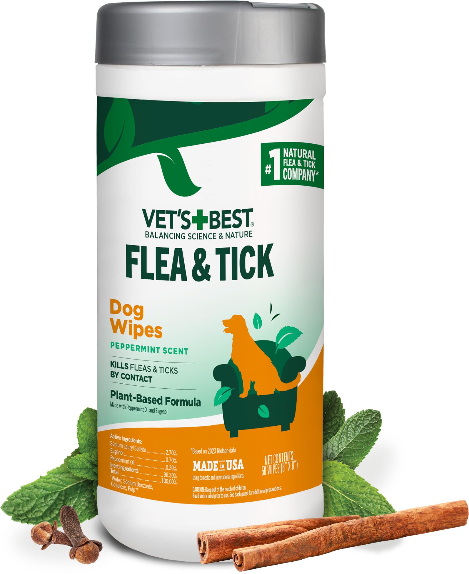 Vet's Best toallitas naturales para perros, empaque visible, protección suave contra pulgas y garrapatas.