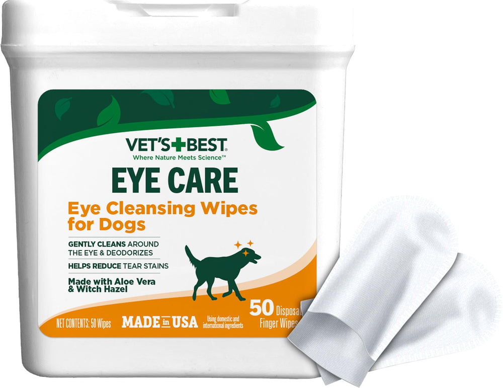 Toallitas Vet's Best para ojos de perro en empaque práctico, limpieza rápida.