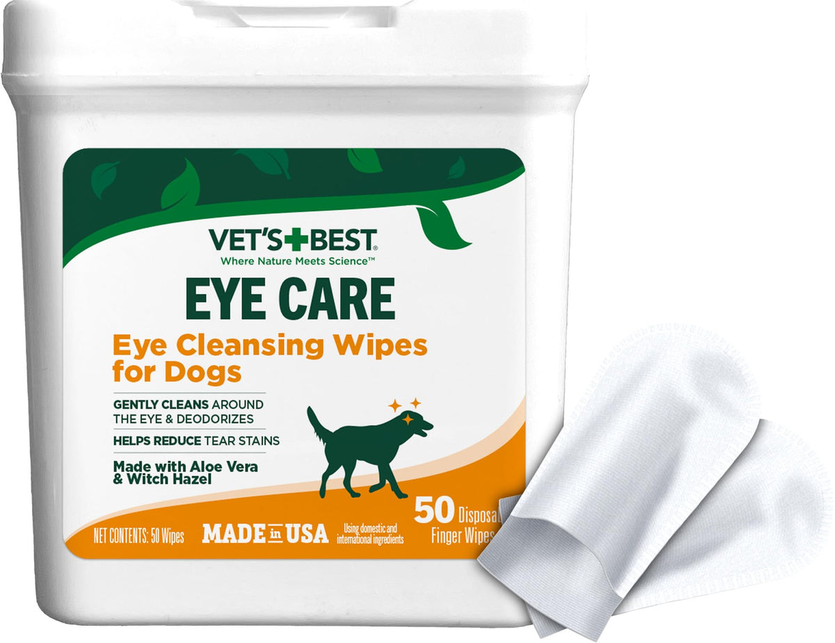 Toallitas Vet's Best para ojos de perro en empaque práctico, limpieza rápida.