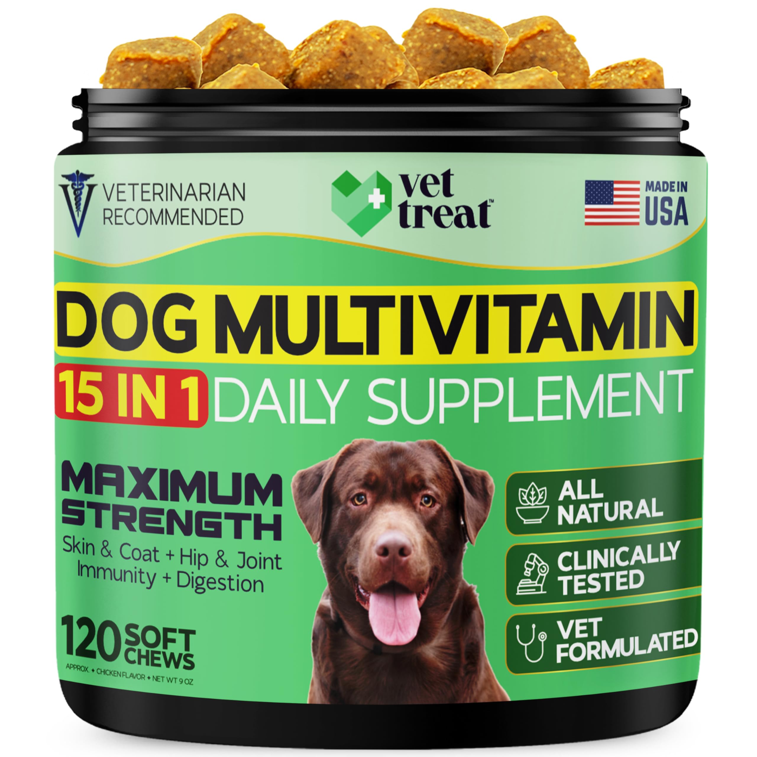 Empaque Vet Treat Multivitamin para perros, 120 masticables para uso diario.