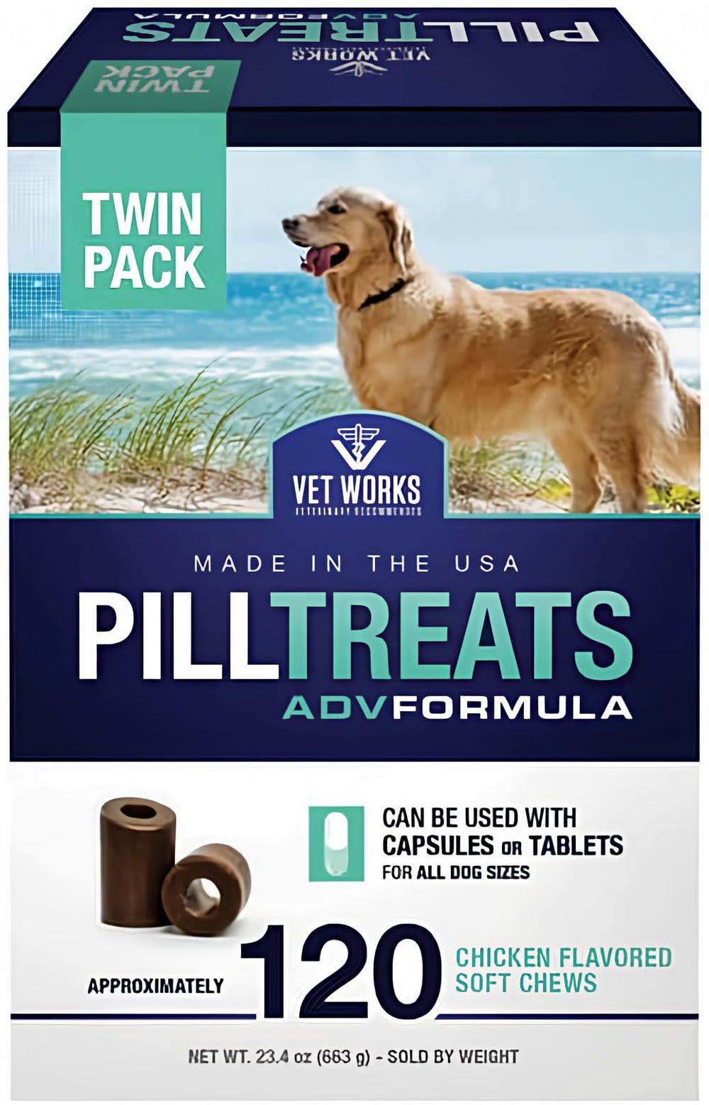 Vet Works pastillas gomosas sabor pollo en envase, facilita medicación diaria
