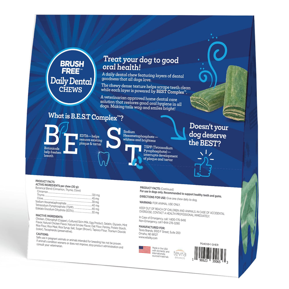 Vetality masticables dentales para perros, aptos para seniors y estómagos sensibles.