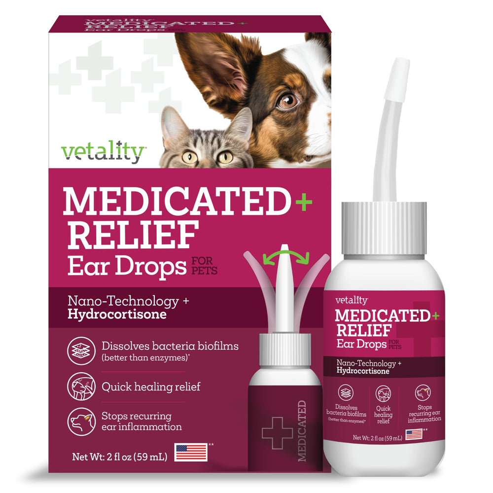 Gotas oticas Vetality en frasco de 60 ml para perros, fácil de aplicar
