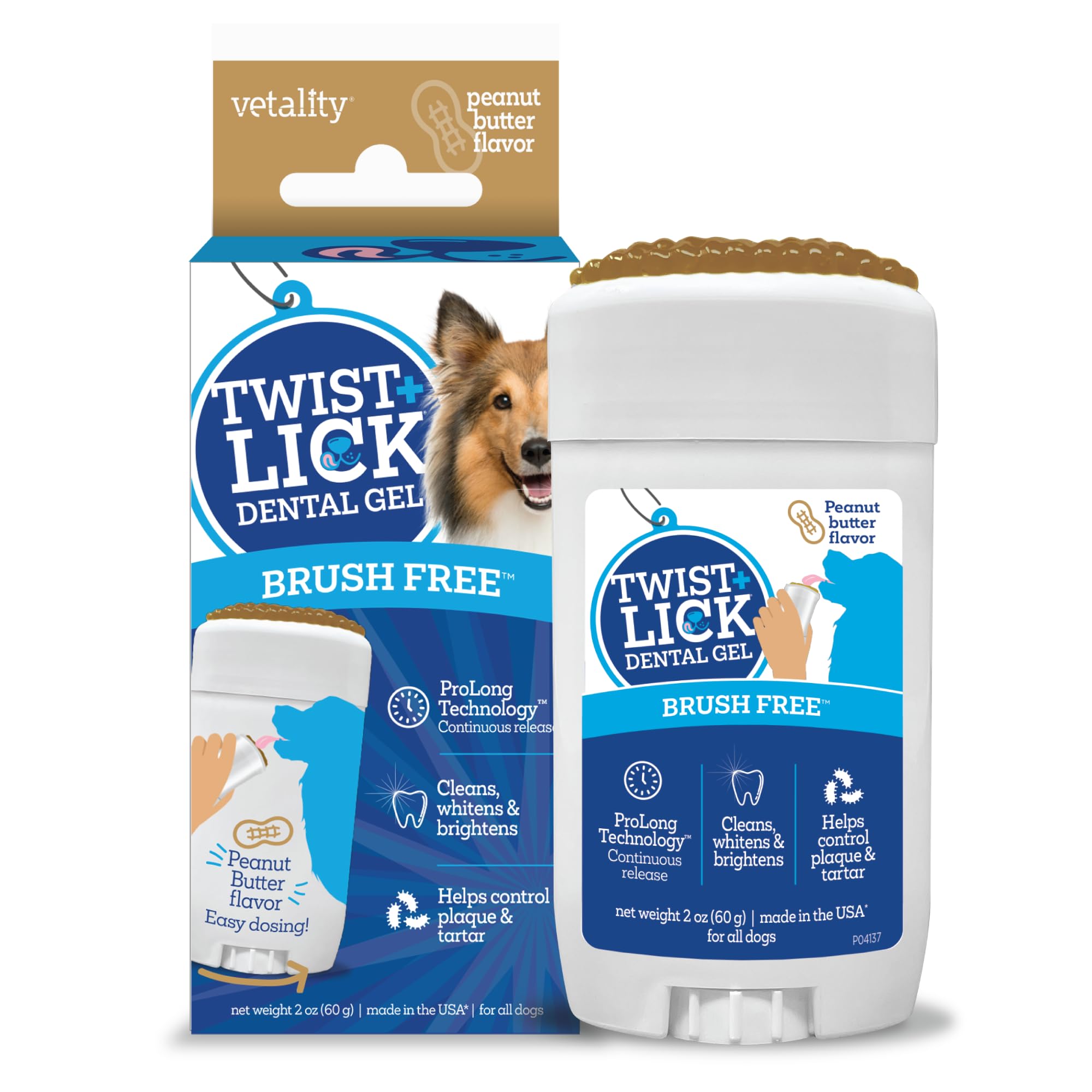 Vetality Twist y Lick gel dental en envase, ideal para limpieza diaria de dientes caninos.