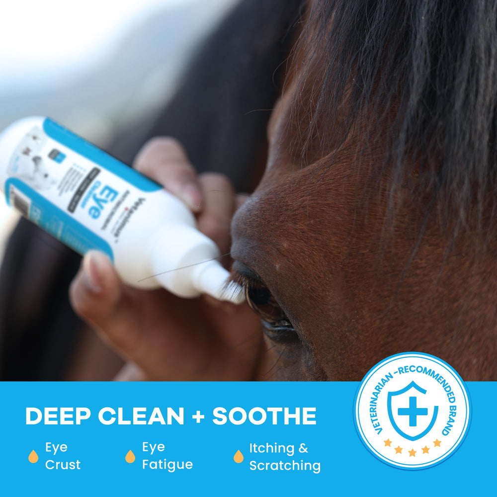Goteo cómodo con Vetanimus Limpiador Ocular para caballos.