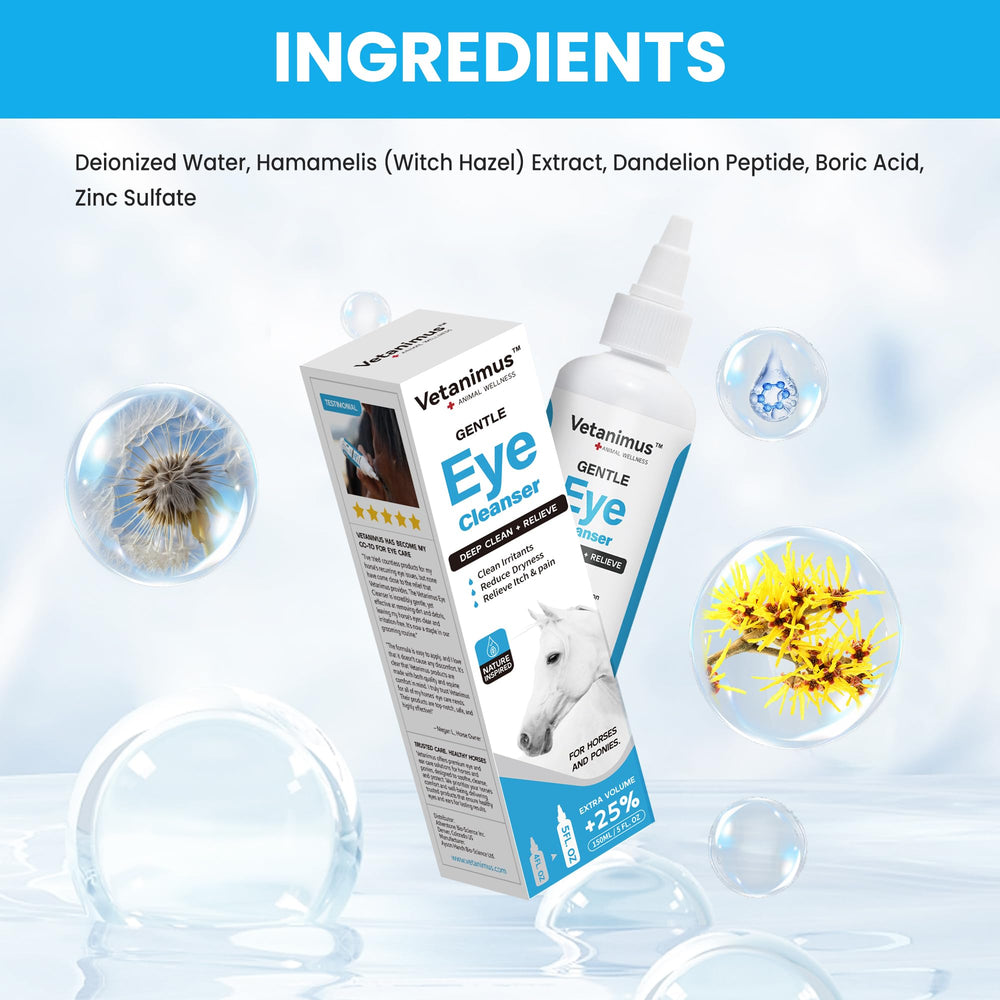 Ingredientes botánicos de Vetanimus Limpiador Ocular para cuidado suave de ojos.