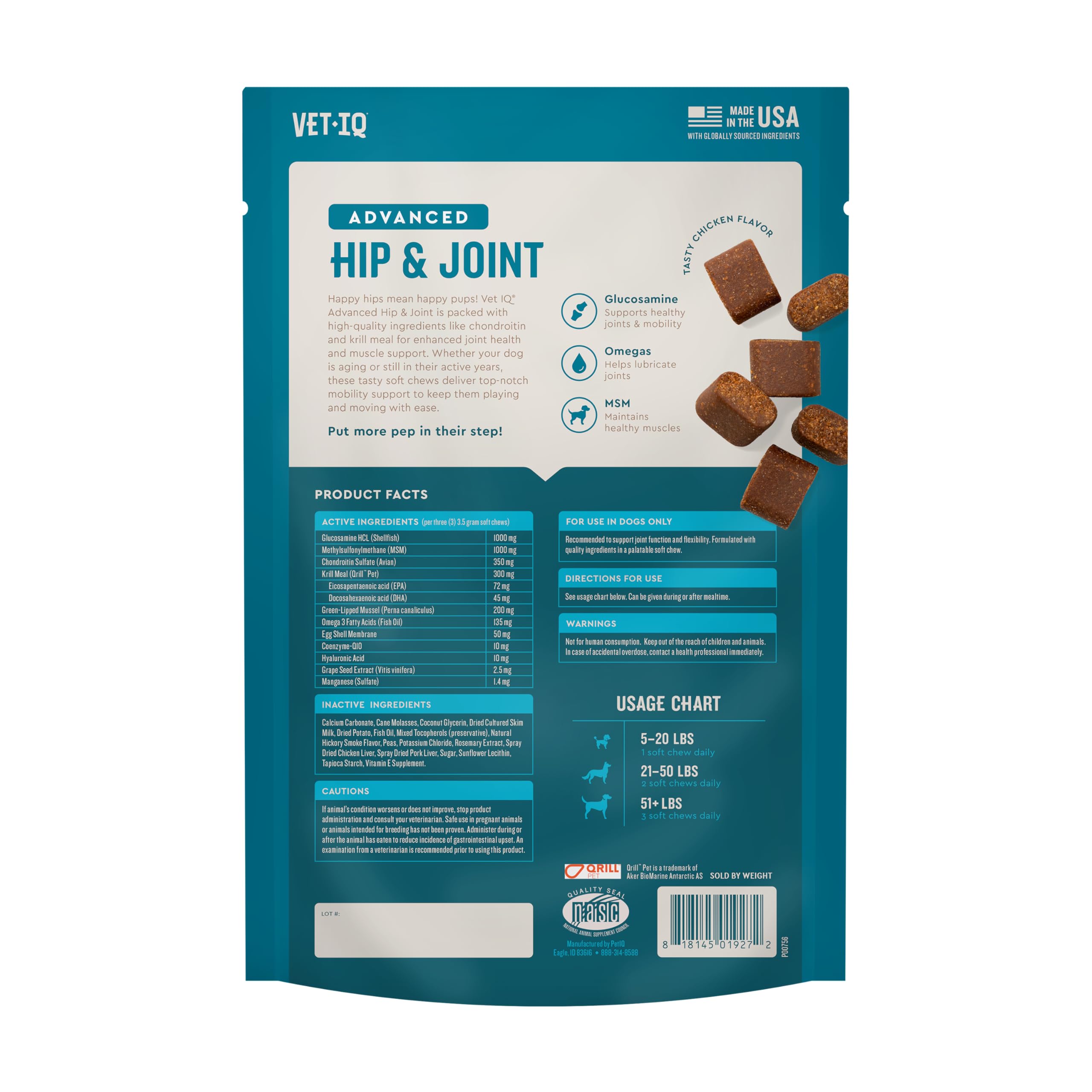 Soutien des tissus conjonctifs VetIQ Avance, formulation adaptée à l’activité canine.