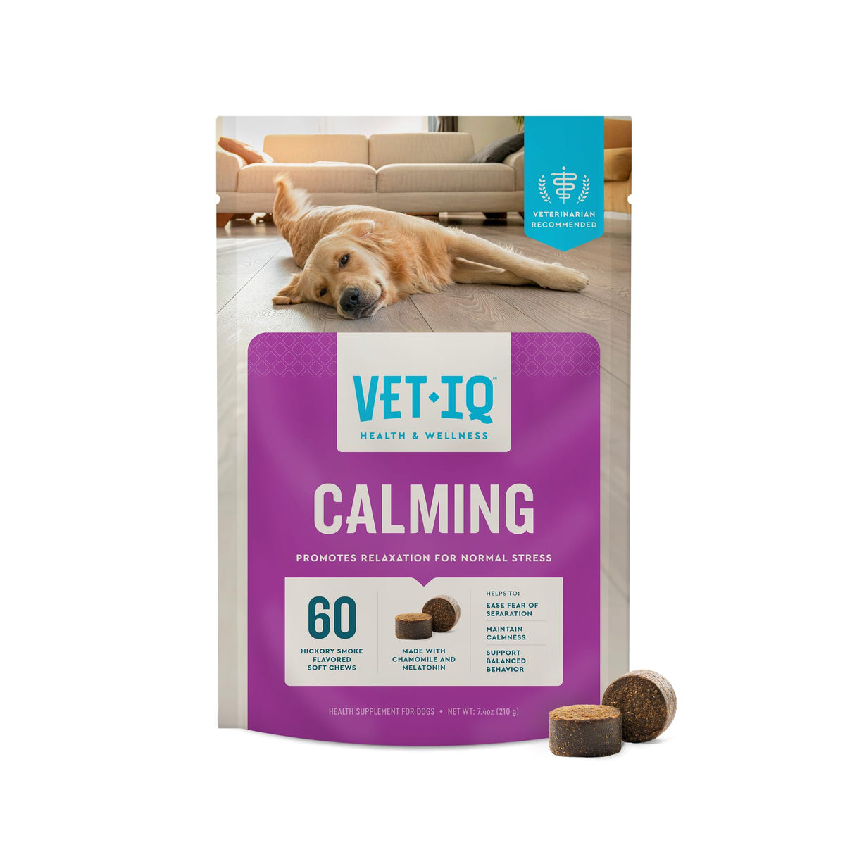 VetIQ Calming comprimidos para perros en frasco, ayudan a mantener la calma en casa.