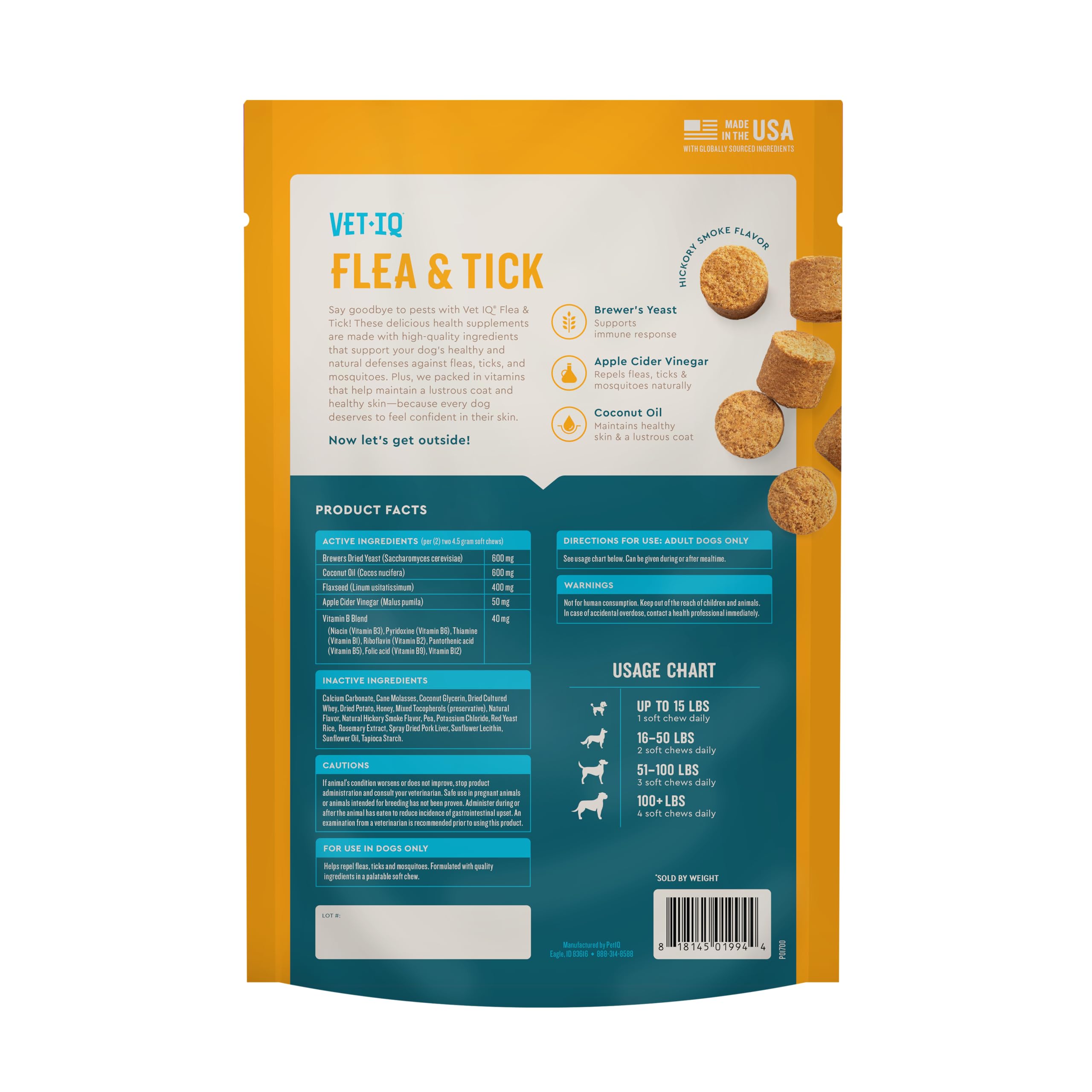 VetIQ Flea & Tick Support formula with apple cider vinegar to repel pests.