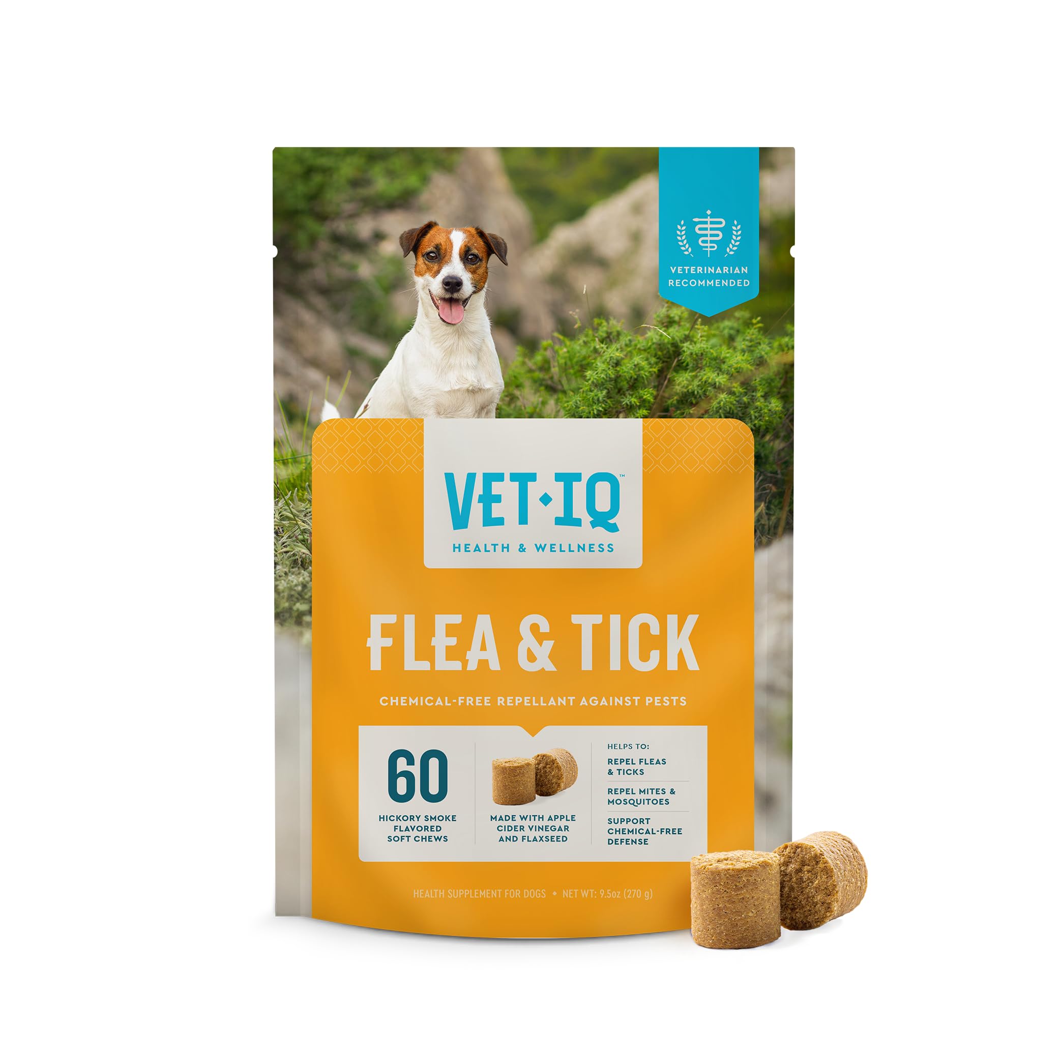 VetIQ Flea & Tick Support bottle, chews promote immune health.