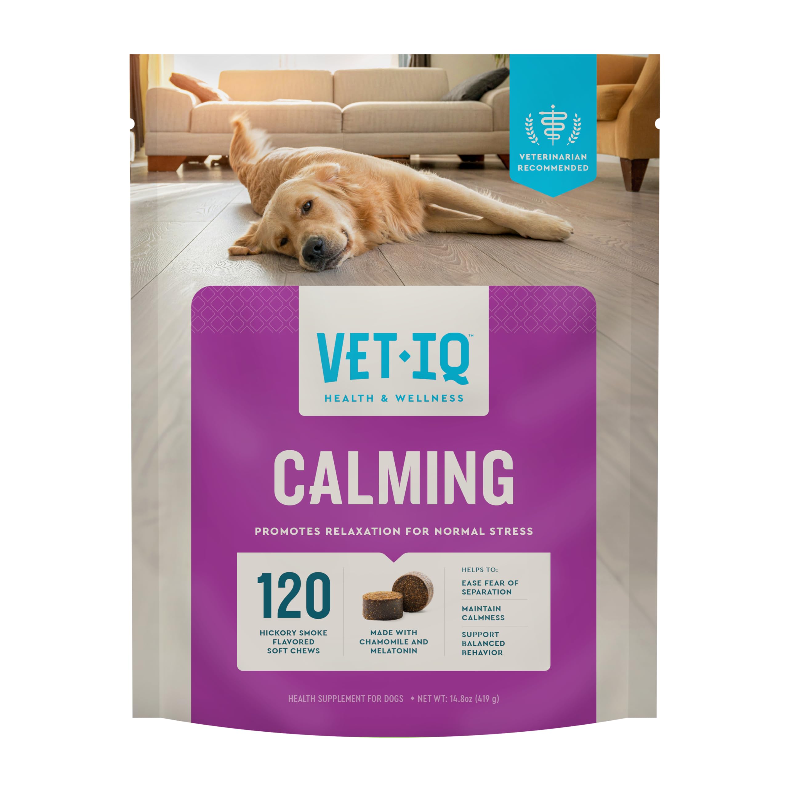 VetIQ gomitas calmantes para perros en botella, promueven relajación ante ruidos cotidianos.