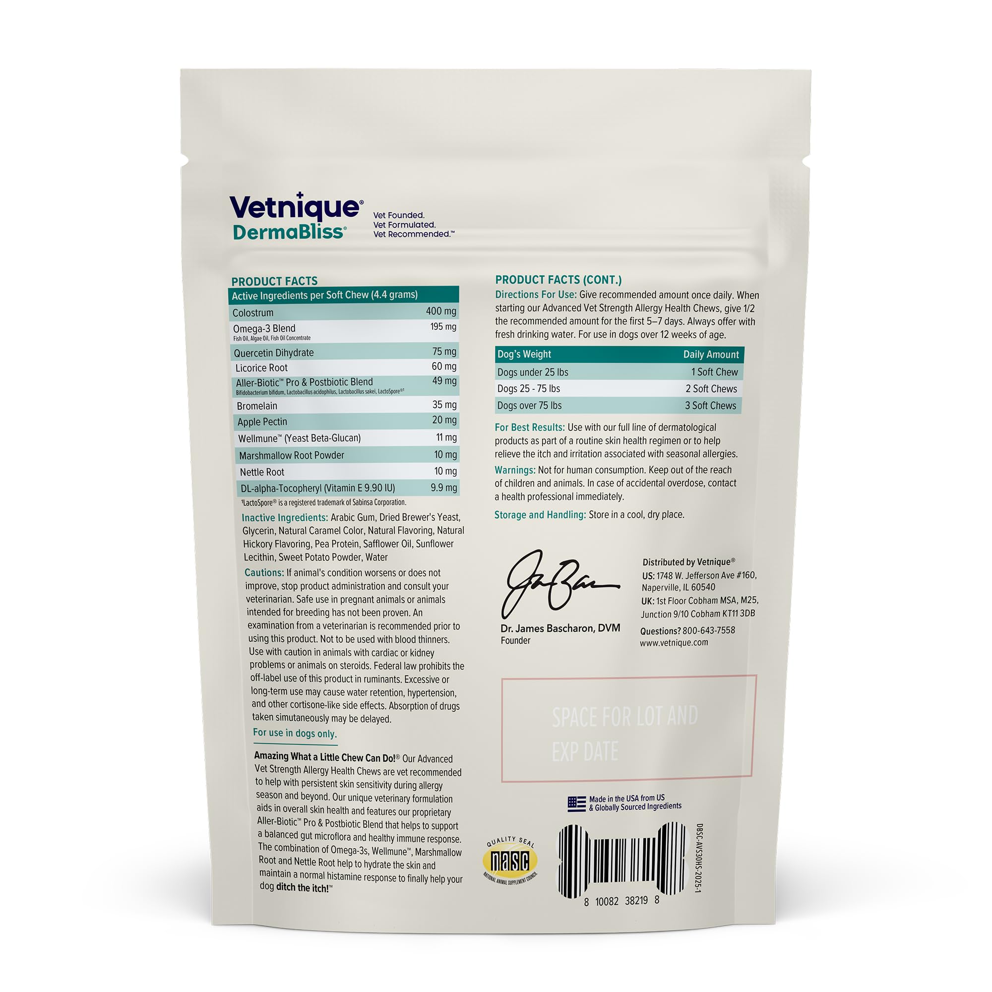 Vetnique DermaBliss, botella de masticables, fácil de administrar en la rutina diaria