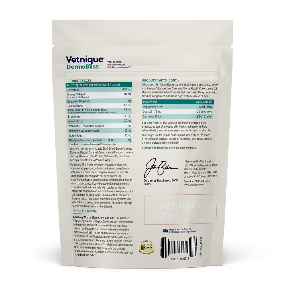 Vetnique DermaBliss, botella de masticables, fácil de administrar en la rutina diaria