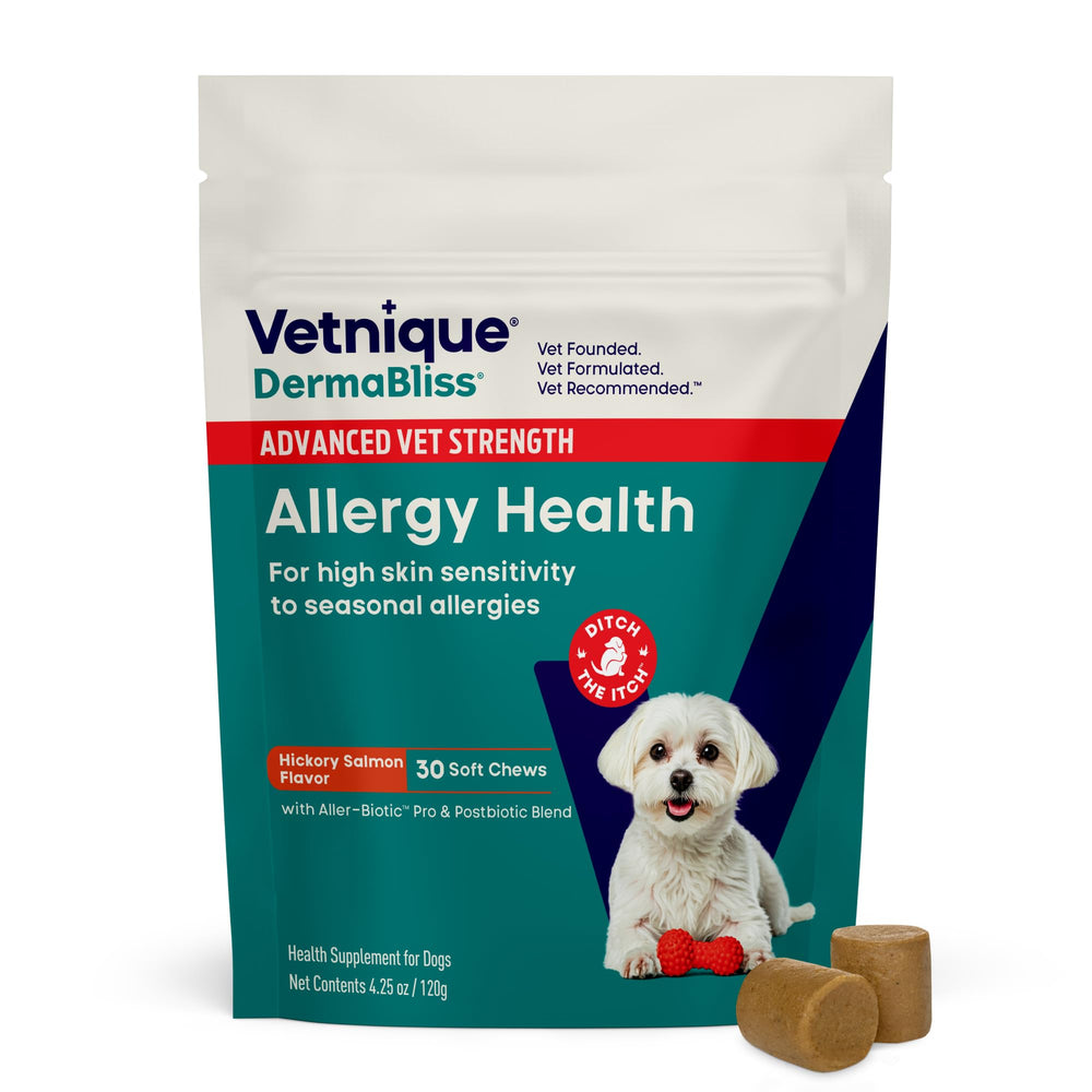 Vetnique DermaBliss, pastillas masticables para perros, apoyo suave a la piel durante la alergia estacional