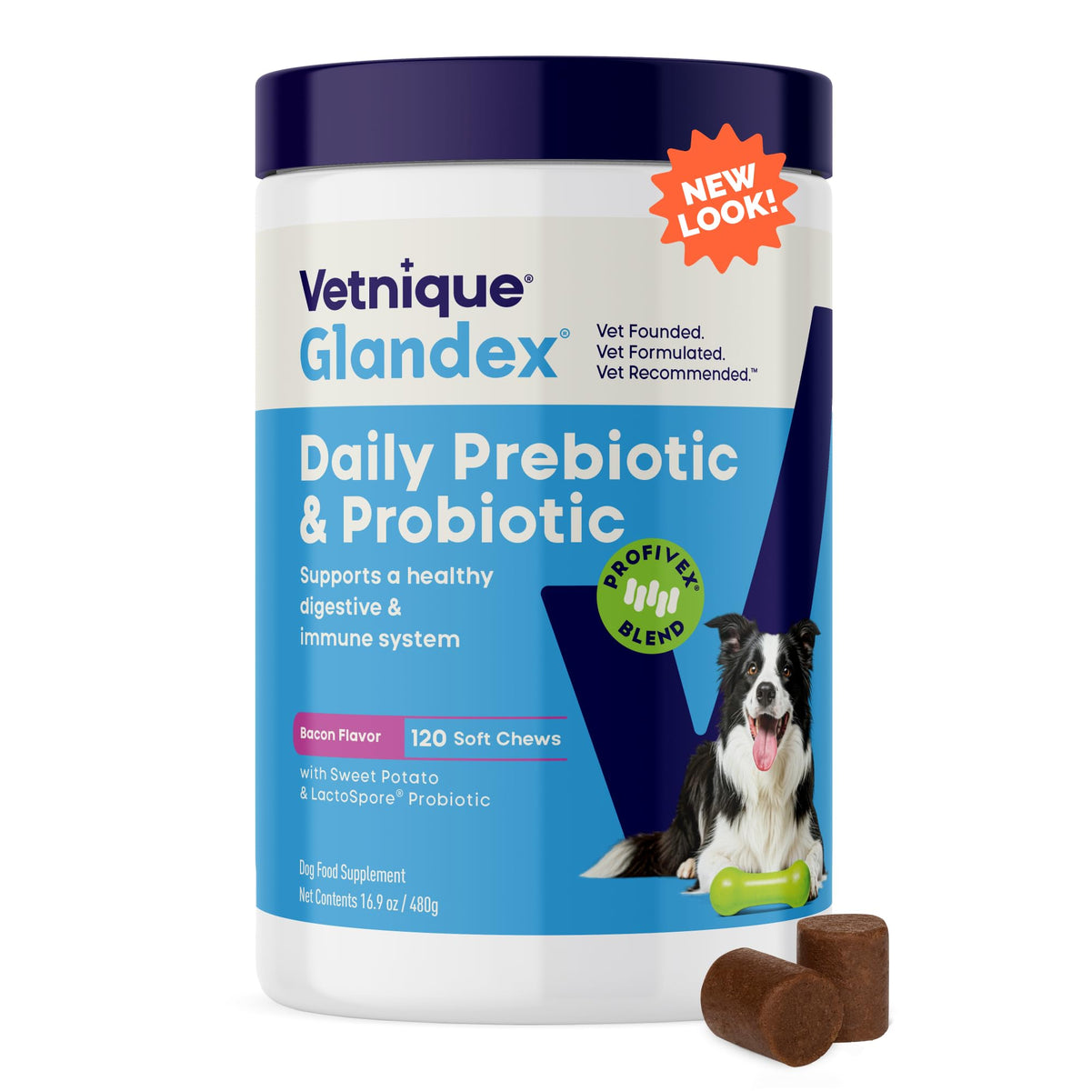 Glandex Vetnique gomitas probióticas sabor tocino para perros, apoyo digestivo diario.