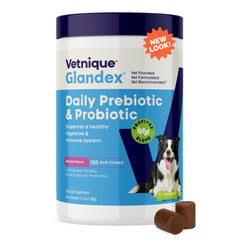 Glandex Vetnique gomitas probióticas sabor tocino para perros, apoyo digestivo diario.