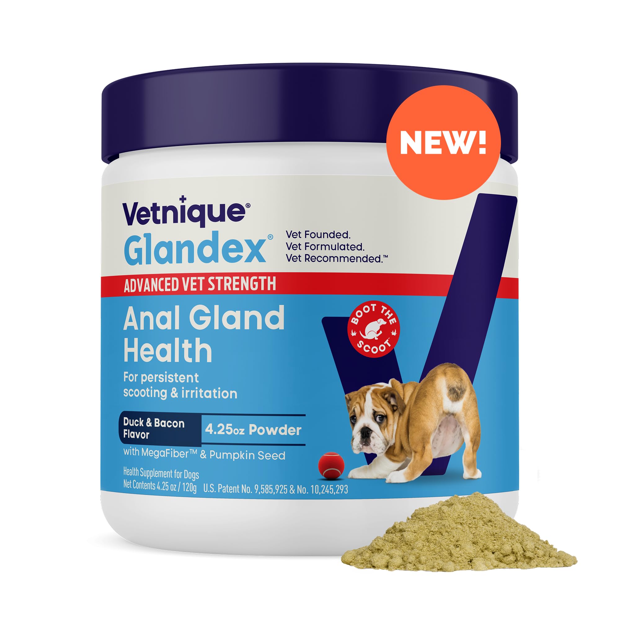 Glandex de Vetnique, polvo para glándulas anales, apoyo diario y digestivo para perros.