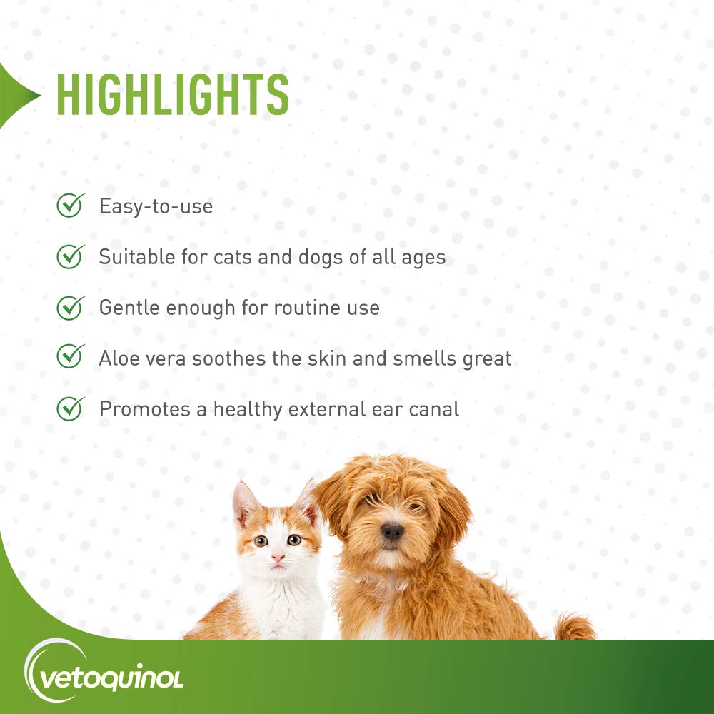 Aplicación en oreja de perro o gato para limpieza externa suave.