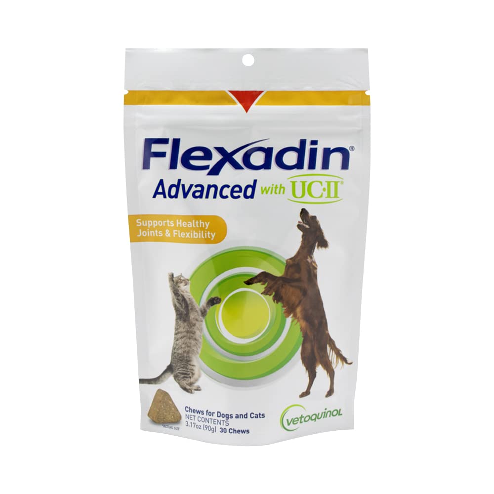 Vetoquinol Flexadin Avanzado, botella del suplemento para articulaciones, con dosis diaria fácil.