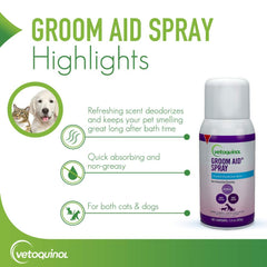 Spray de Groom-Aid para aplicación rápida en el pelaje de mascotas.