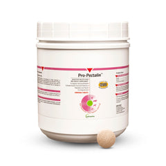 Vetoquinol Pro-Pectalin en frasco, tabletas masticables para diarrea ocasional de perros y gatos.