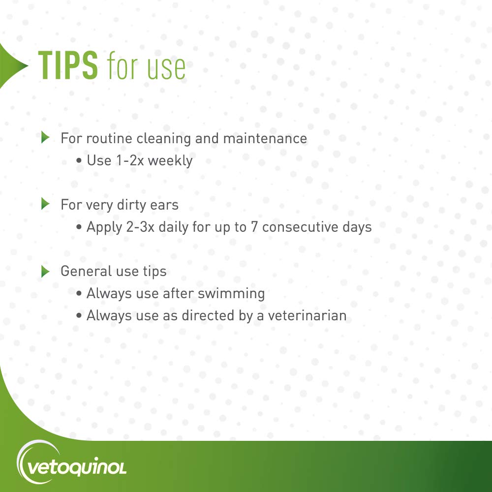 Proceso de limpieza externa del canal auditivo con solución Vetoquinol.