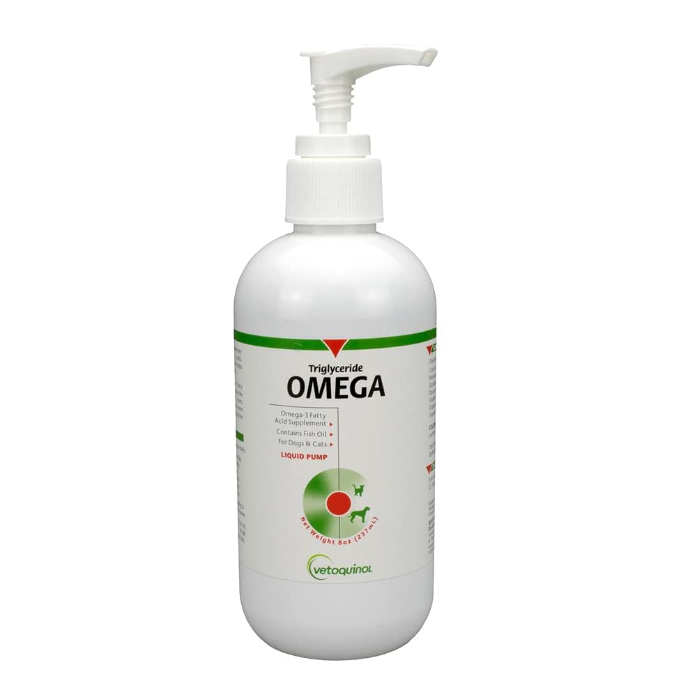 Vetoquinol Triglyceride Omega-3 botella de aceite de pescado para perros y gatos, piel y pelaje saludables.