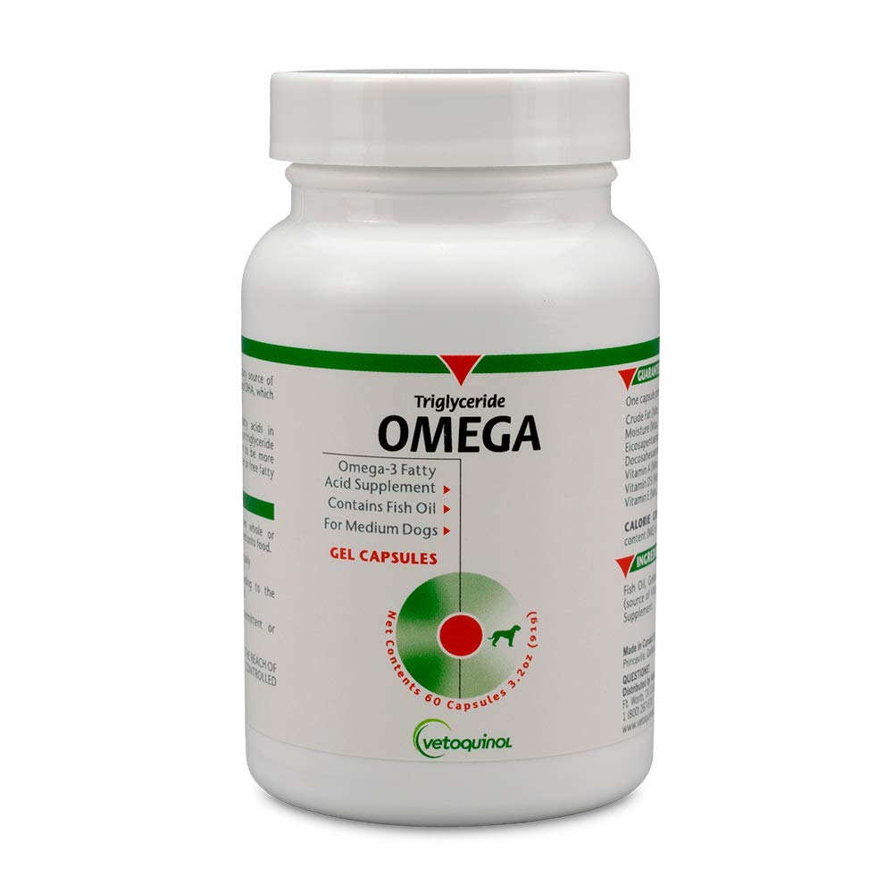 Vetoquinol Triglyceride Omega para Perros: botella con cápsulas para piel saludable.
