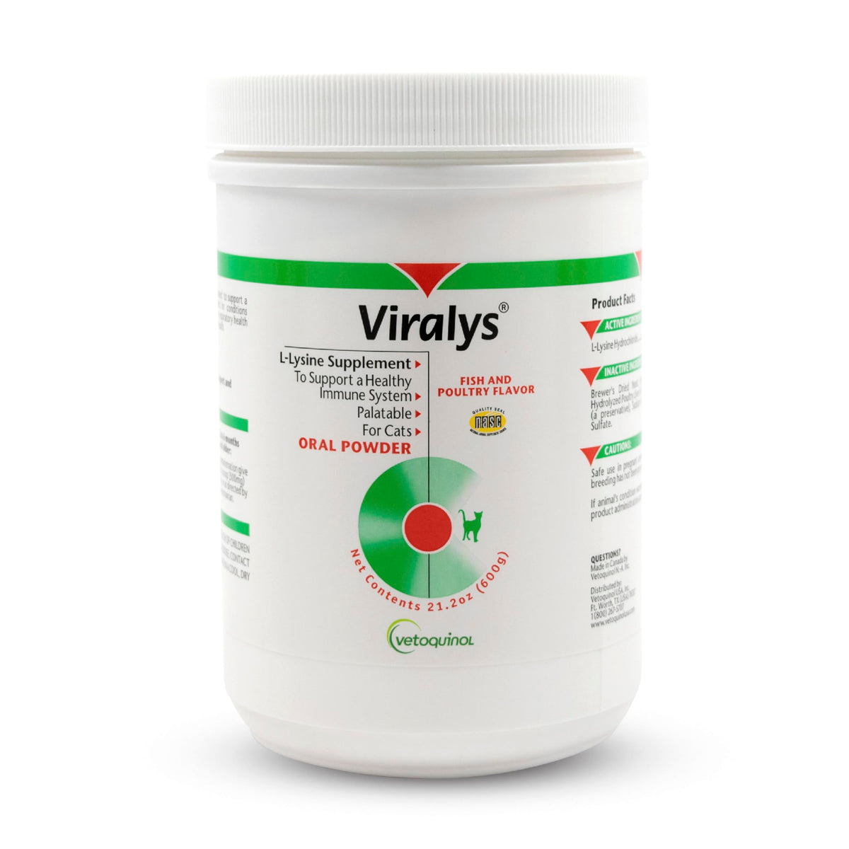 Vetoquinol Viralys: bote de polvo sabor pescado para gatos, apoyo ocular.