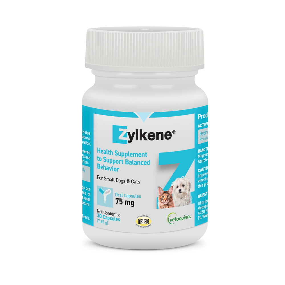 Vetoquinol Zylkene cápsulas calmantes para perros y gatos, promoviendo tranquilidad diaria.