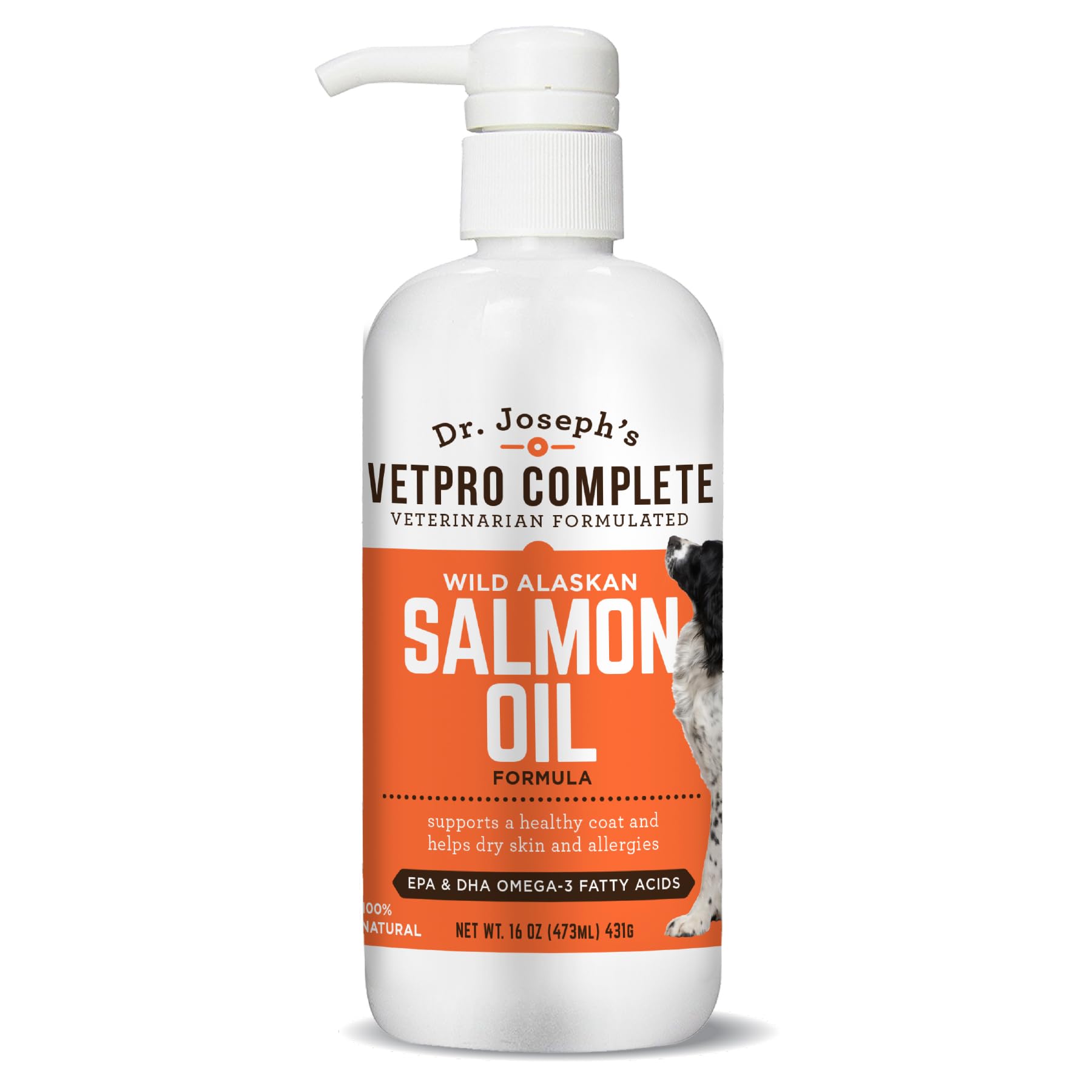 VetPro Complete, botella de aceite de salmón Alaska vertida sobre la comida de mascotas.